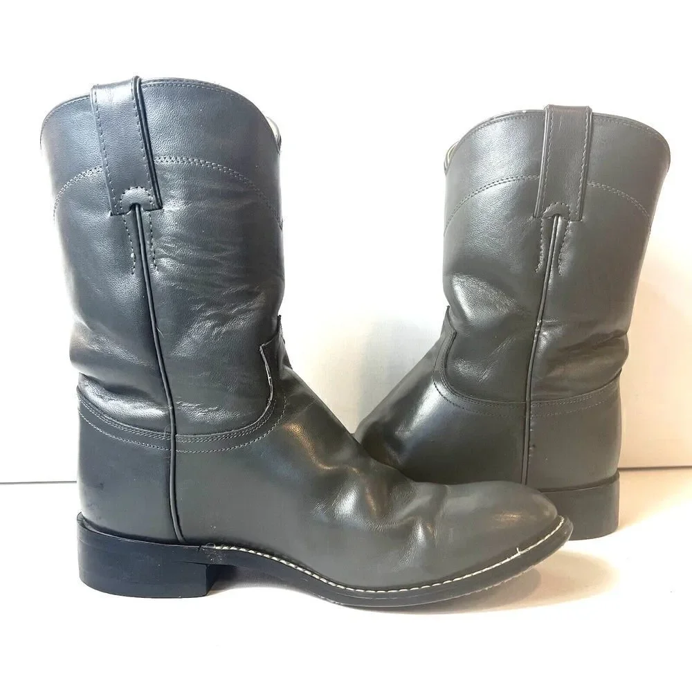 Justin Roper Gray Leather Cowboy Western Riding Casual Boots Mens Youth 4 D Shoe